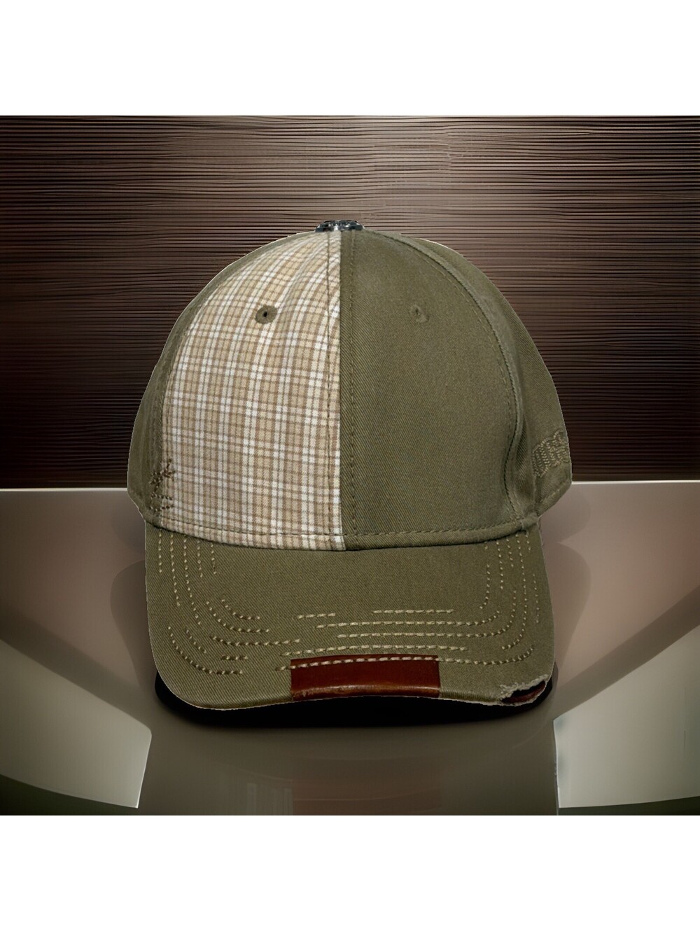 Pugs Gear Tan Beige Plaid Distressed Faux Leather Baseball Cap